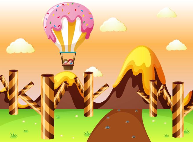 Fantacia tierra con globos de caramelo y árboles de gofres vector