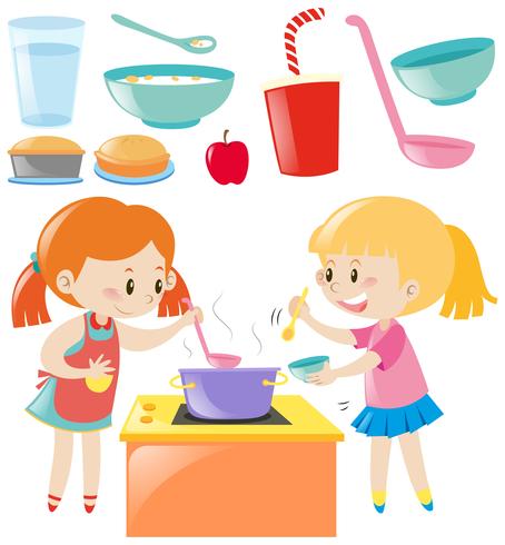 Conjunto de chicas cocinando y comida vector