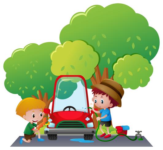 Two boys washing car in the park vector