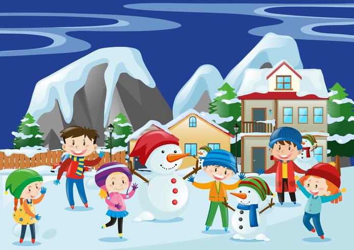 Children playing snow in winter vector