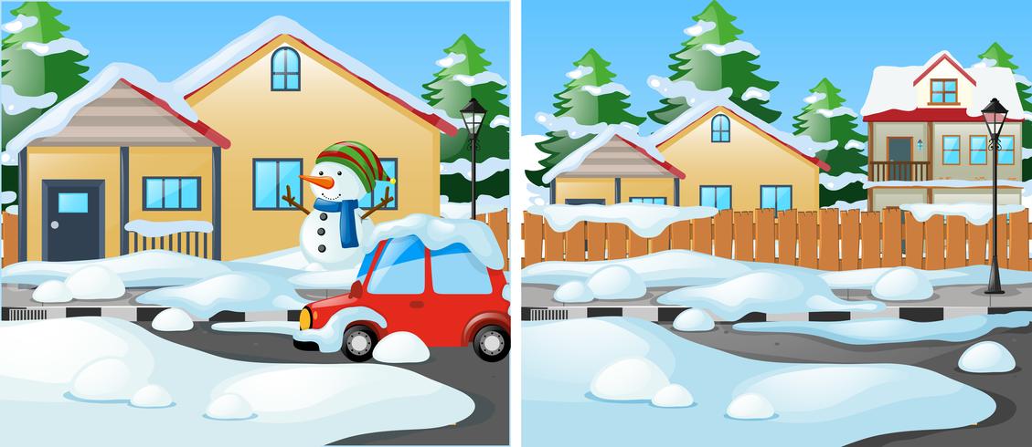 Neighborhood scene with snow on the ground vector