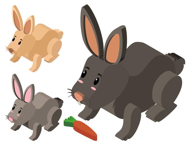 Three cute rabbits in 3D design vector