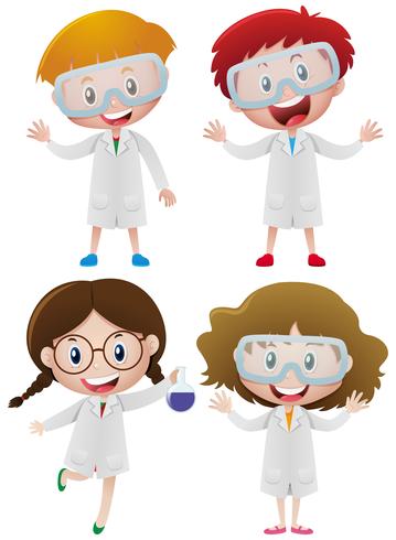 Niños en bata de ciencia y gafas protectoras. vector