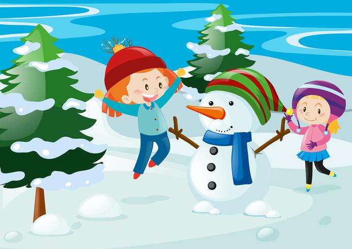 Escena con niños y muñeco de nieve vector