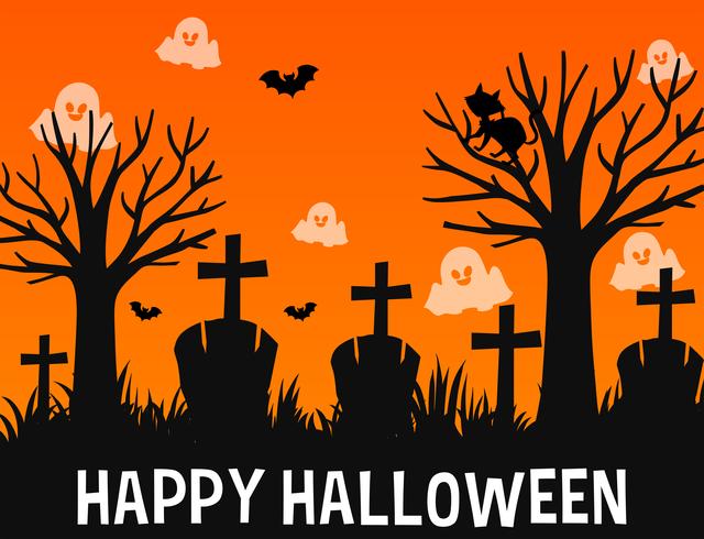 Diseño de cartel de feliz Halloween con fantasmas en el cementerio vector