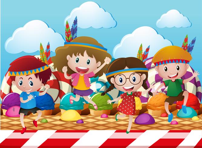 Children playing indians in candy world vector