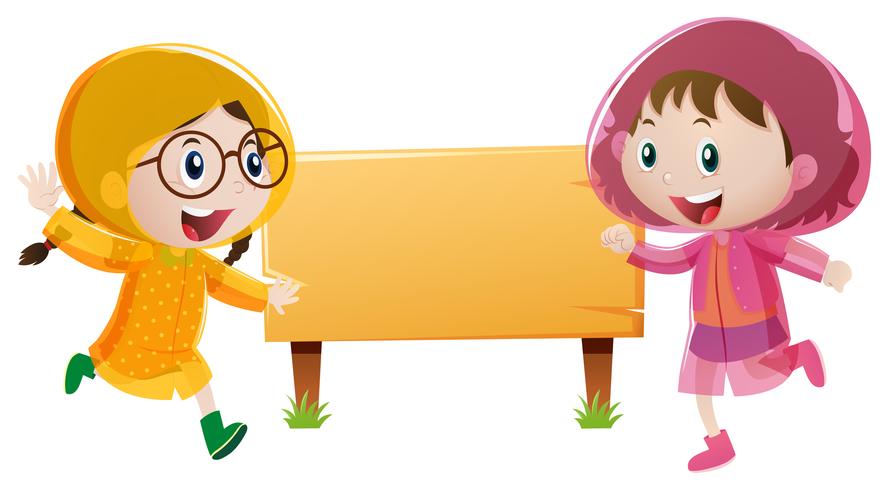 Wooden sign template with two girls in raincoat vector