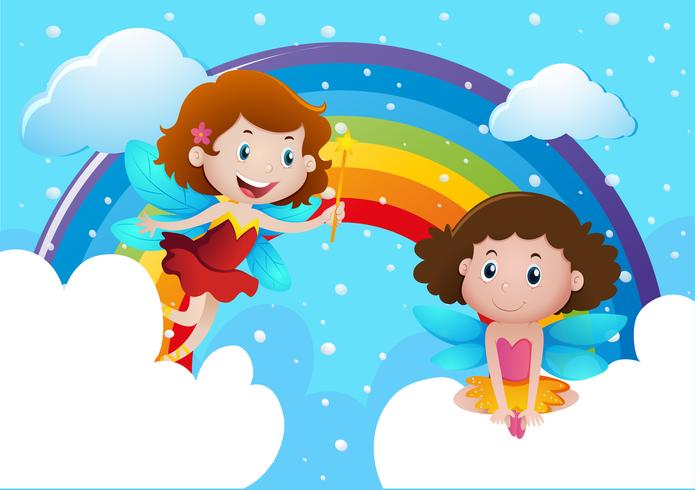 Two cute fairies flying over the rainbow vector