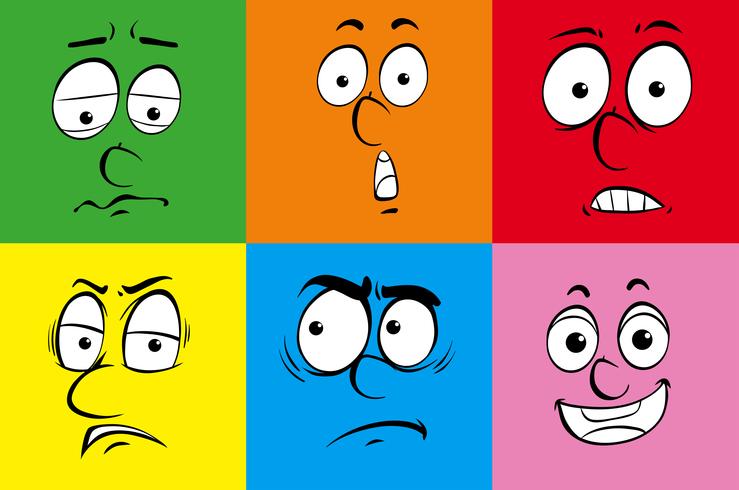 Six facial expressions on different background vector