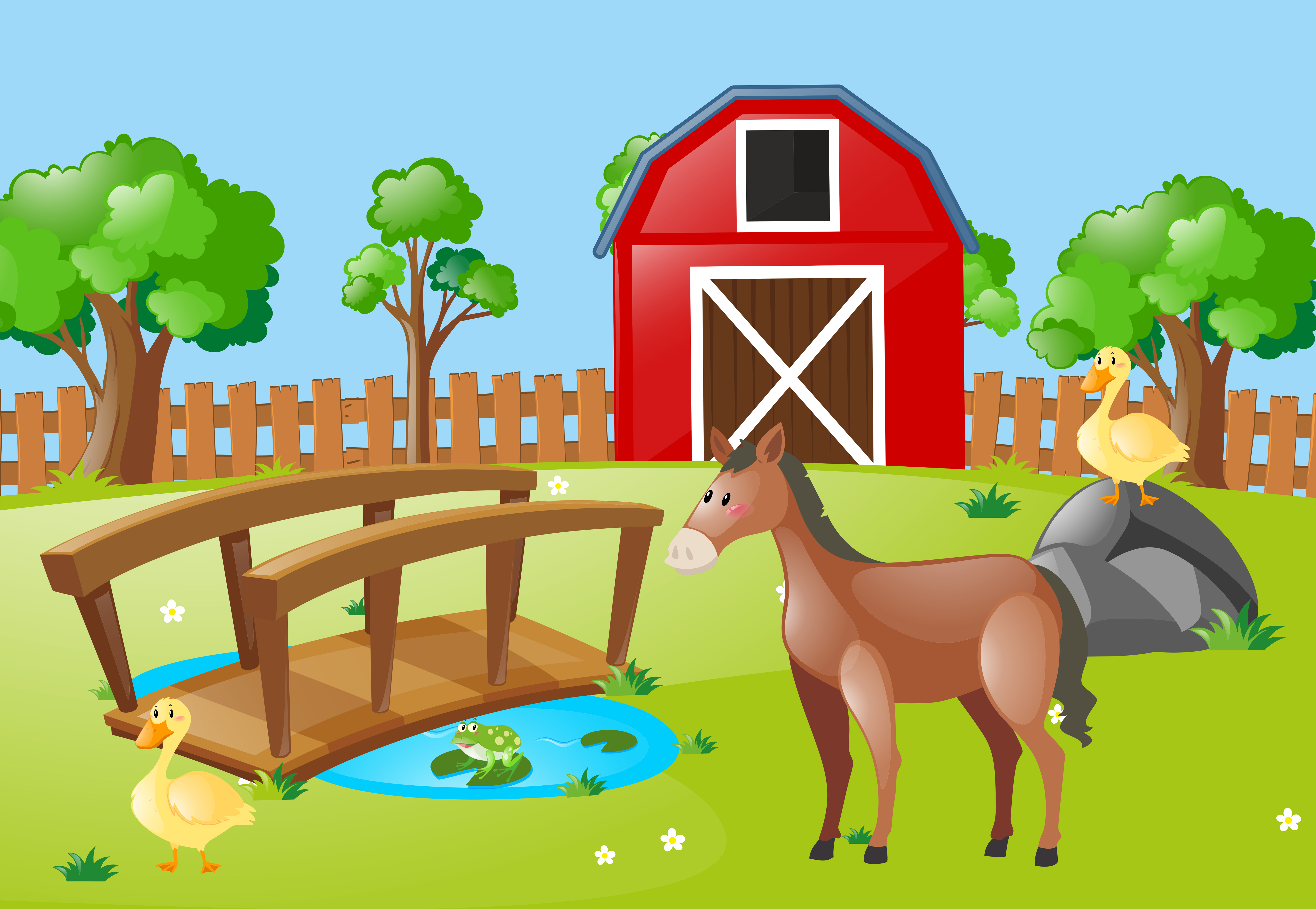 Farm scene with horse and ducks 369365 Vector Art at Vecteezy