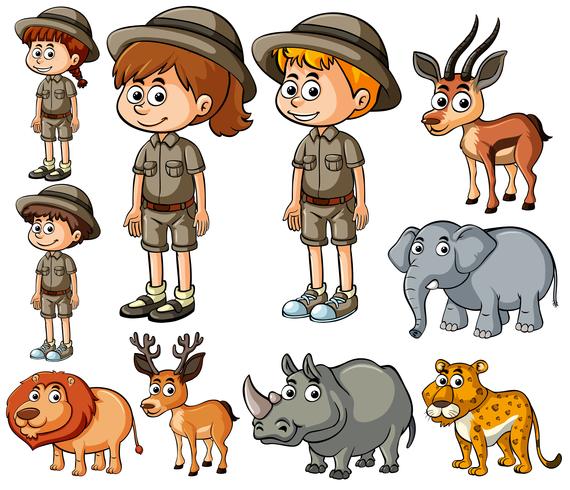 Niños en traje de safari y muchos animales salvajes. vector