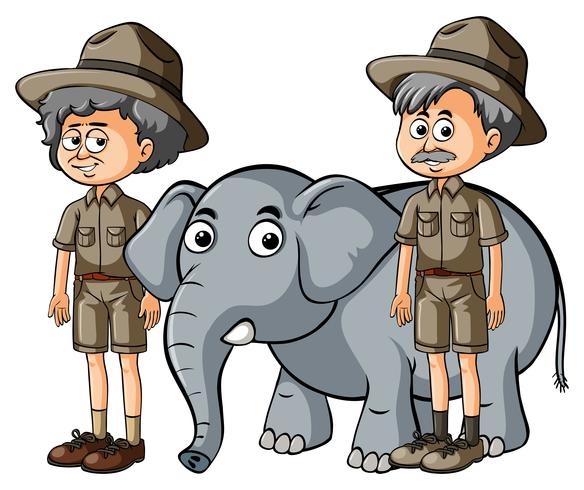 Dos parkranger con bebé elefante vector