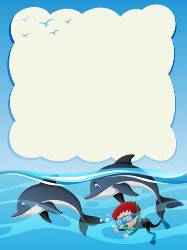 Plantilla de borde con niño buceando con dos delfines. vector