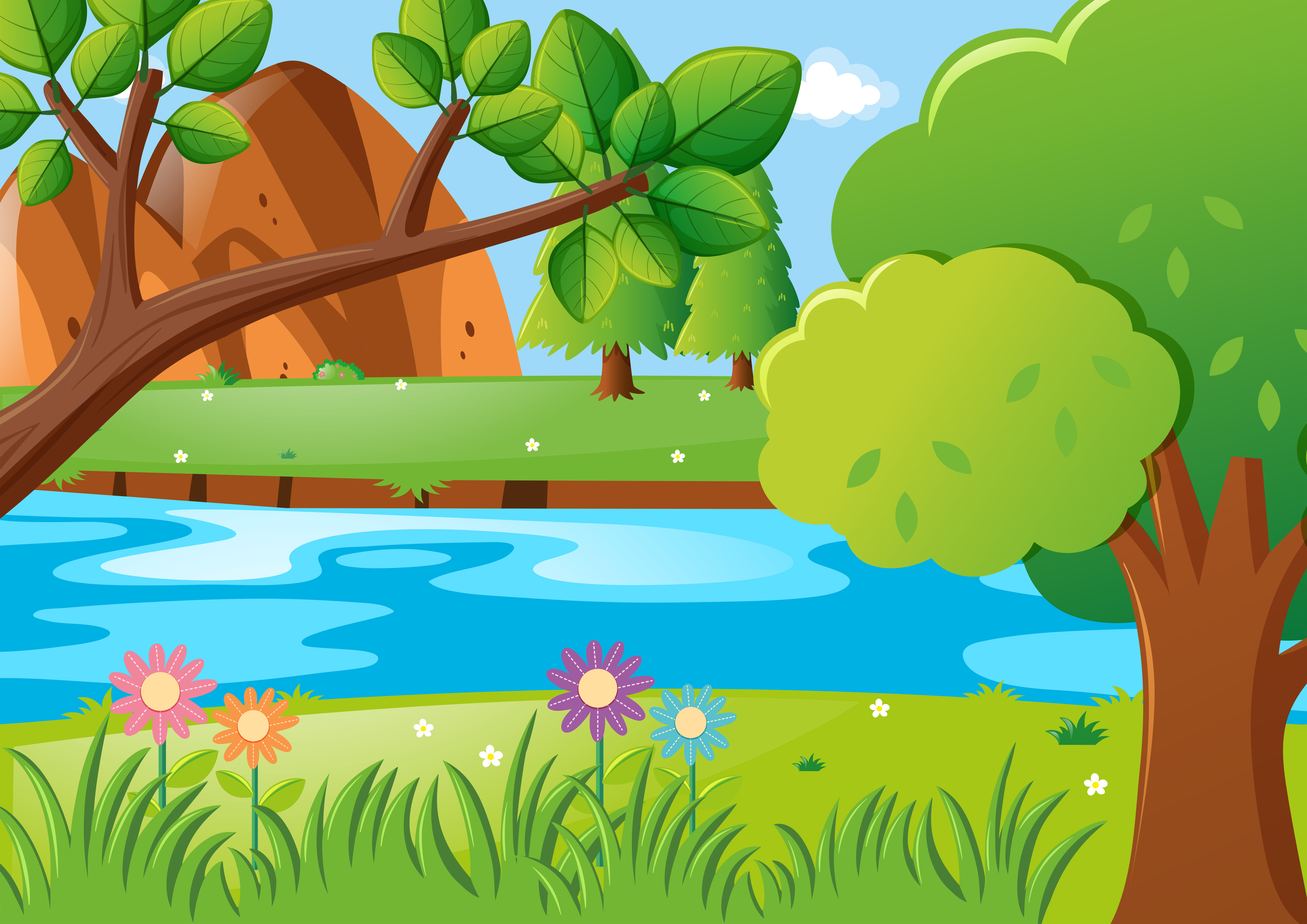 Scene with trees and river 369387 Vector Art at Vecteezy