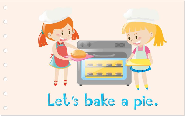 Action wordcard with girls baking pie vector