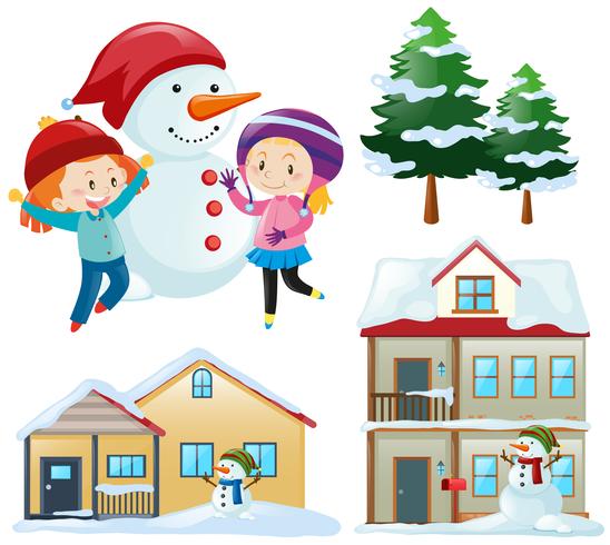 Set de invierno con niños y casas. vector