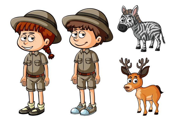 Dos personas en traje de safari y animales salvajes. vector