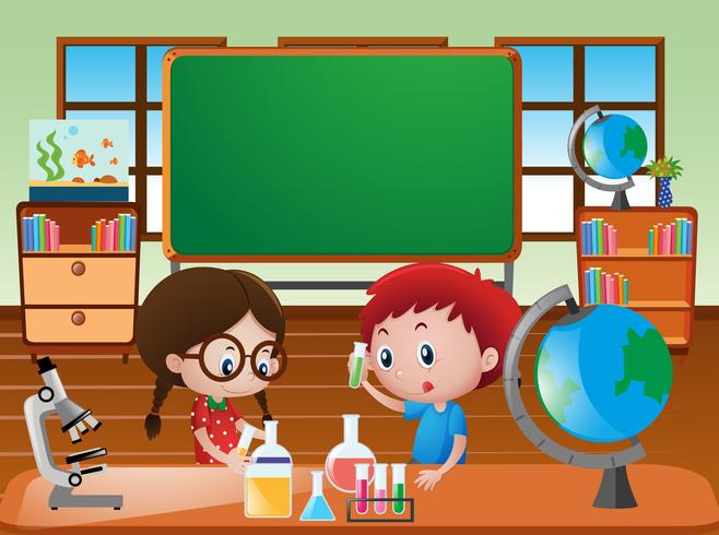 Escena de aula con niños haciendo experimento de ciencia vector