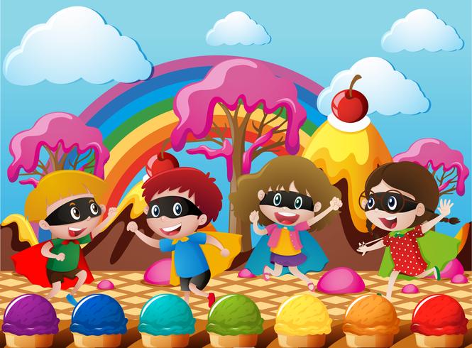 Niños felices disfrazados de héroe en candyworld vector