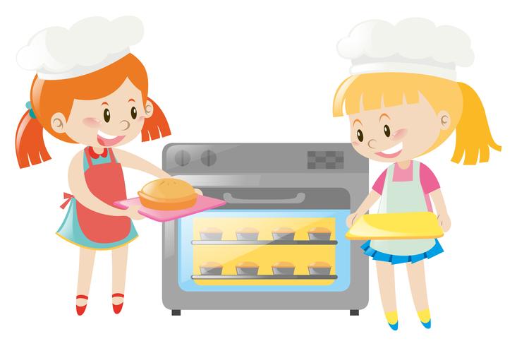 Two girls baking pie in oven vector