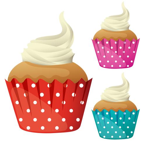 Cupcake with cream in different color cups vector