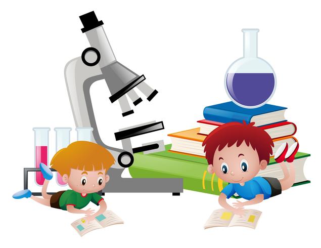 Dos niños leyendo libros y equipos de ciencia en el fondo vector