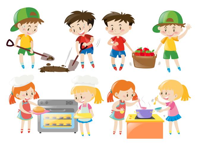 Niños cocinando y haciendo cosas en el jardín. vector