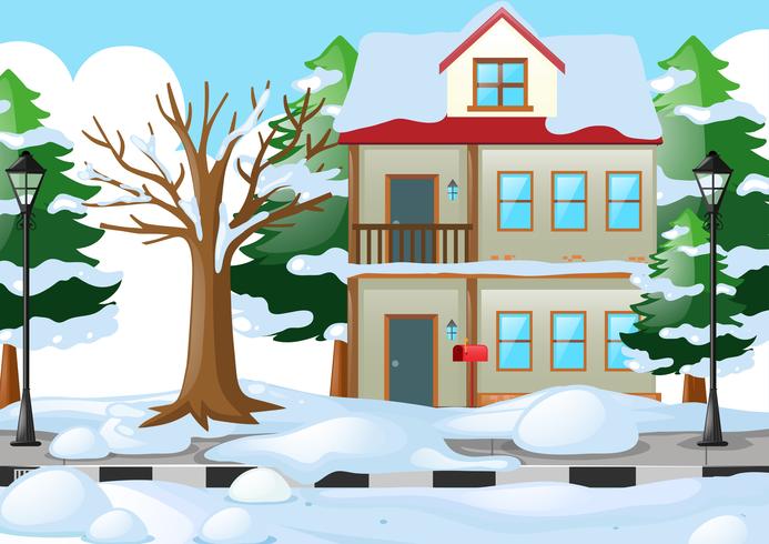 Casa cubierta de nieve en invierno. vector