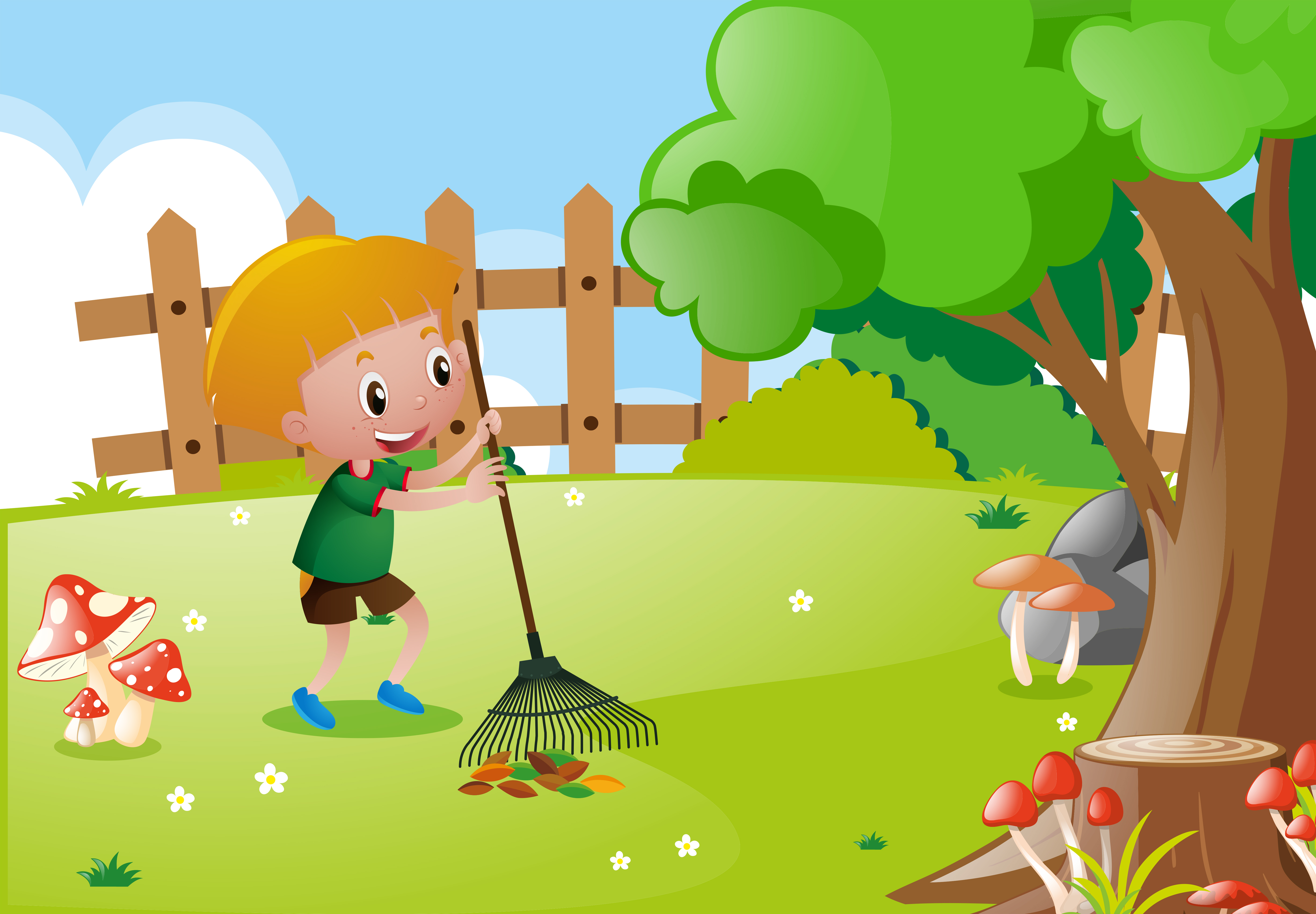 Petit garçon ratisser les feuilles dans le jardin ...