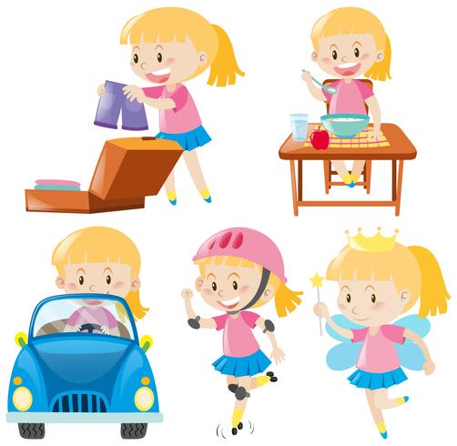 Girl in pink doing different activities vector