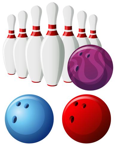 Bolos y bolas de bolos en diferentes colores. vector