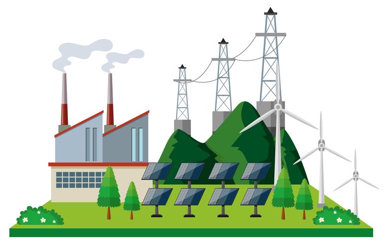 Central eléctrica con celdas solares y turbinas. vector