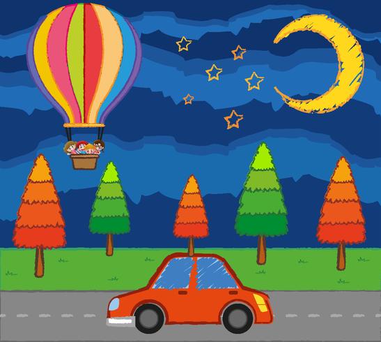 Scene with kids riding balloon over the road at night vector