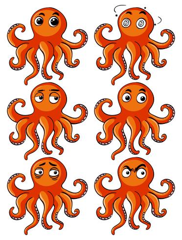 Pulpo con seis emociones diferentes. vector