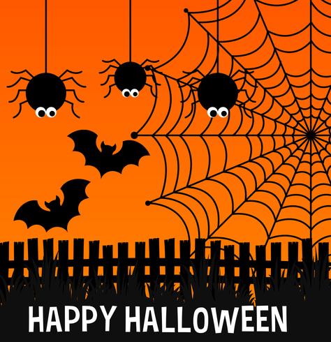 Cartel de halloween feliz con arañas y web vector