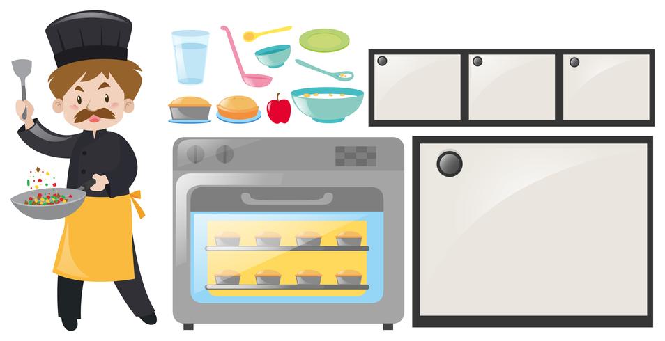 Chef and kitchen equipment set vector