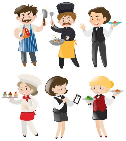 Personas haciendo diferentes trabajos en restaurante. vector