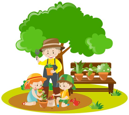Niños y jardinera plantando en jardín. vector