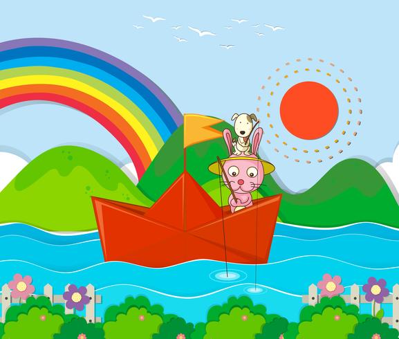 Rabbit fishing in paperboat in the river vector