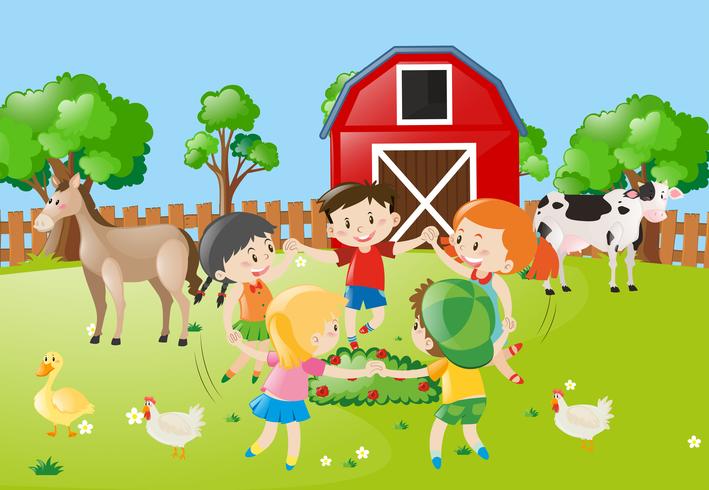 Children holding hands in circle in the farm vector