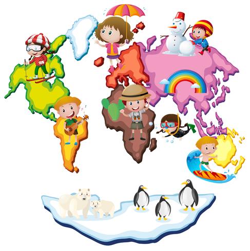 Mapa del mundo con niños y animales. vector