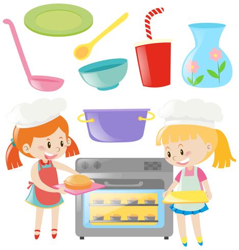 Girls baking and kitchen utensils set vector