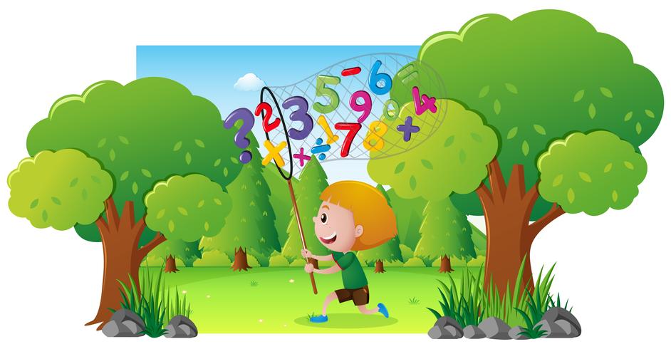 Scene with boy catching numbers in park vector