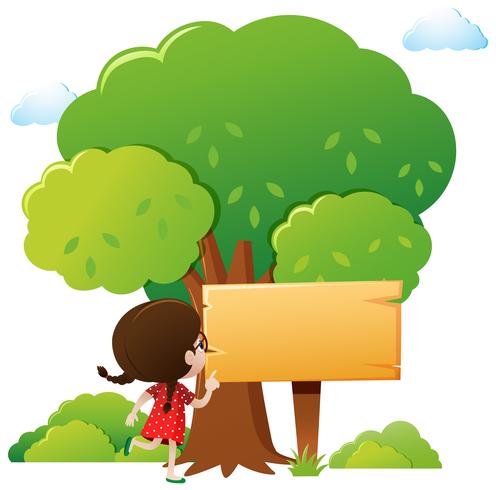 Wooden sign template with girl and tree vector