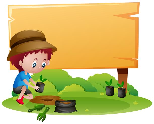 Wooden sign template with boy planting tree vector