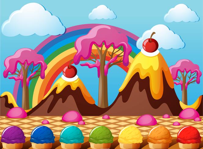 Tierra de dulces con montañas de chocolate y campo de helado vector