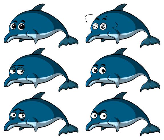 Delfines azules con diferentes emociones. vector