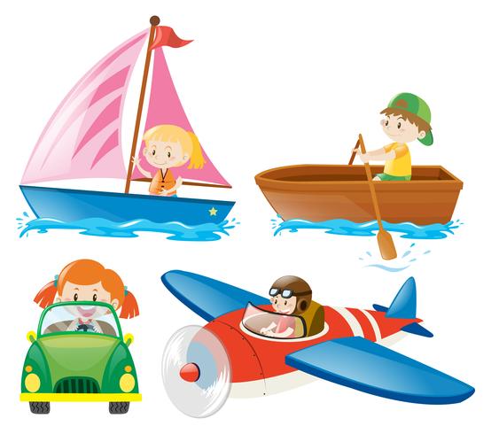 Kids in different types of transportations vector