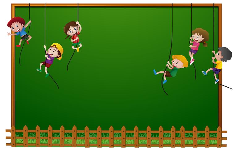 Board template with kids hanging on ropes vector