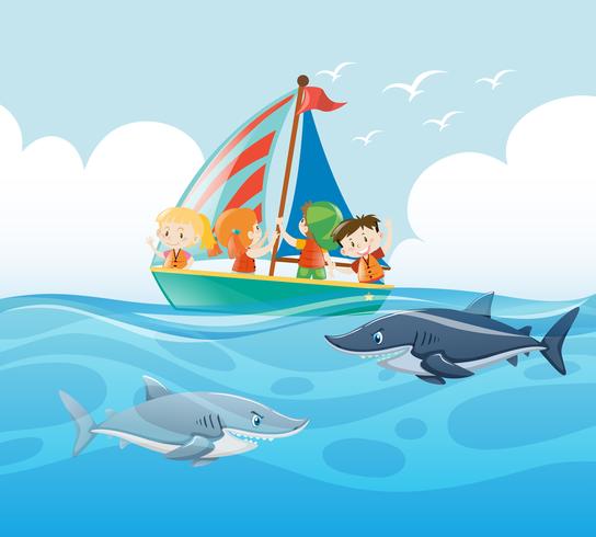 Niños navegando y nadando tiburones. vector